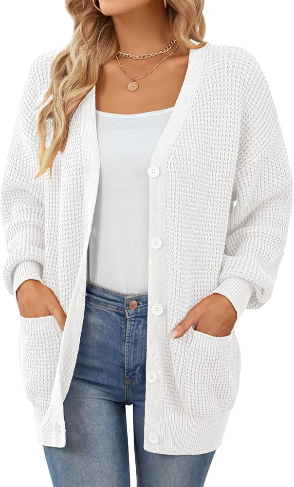 QUALFORT Cardigan Sweaters for Women 100% Cotton Button-Down Oversized Knit Cardigans with Pocket... | Amazon (US)