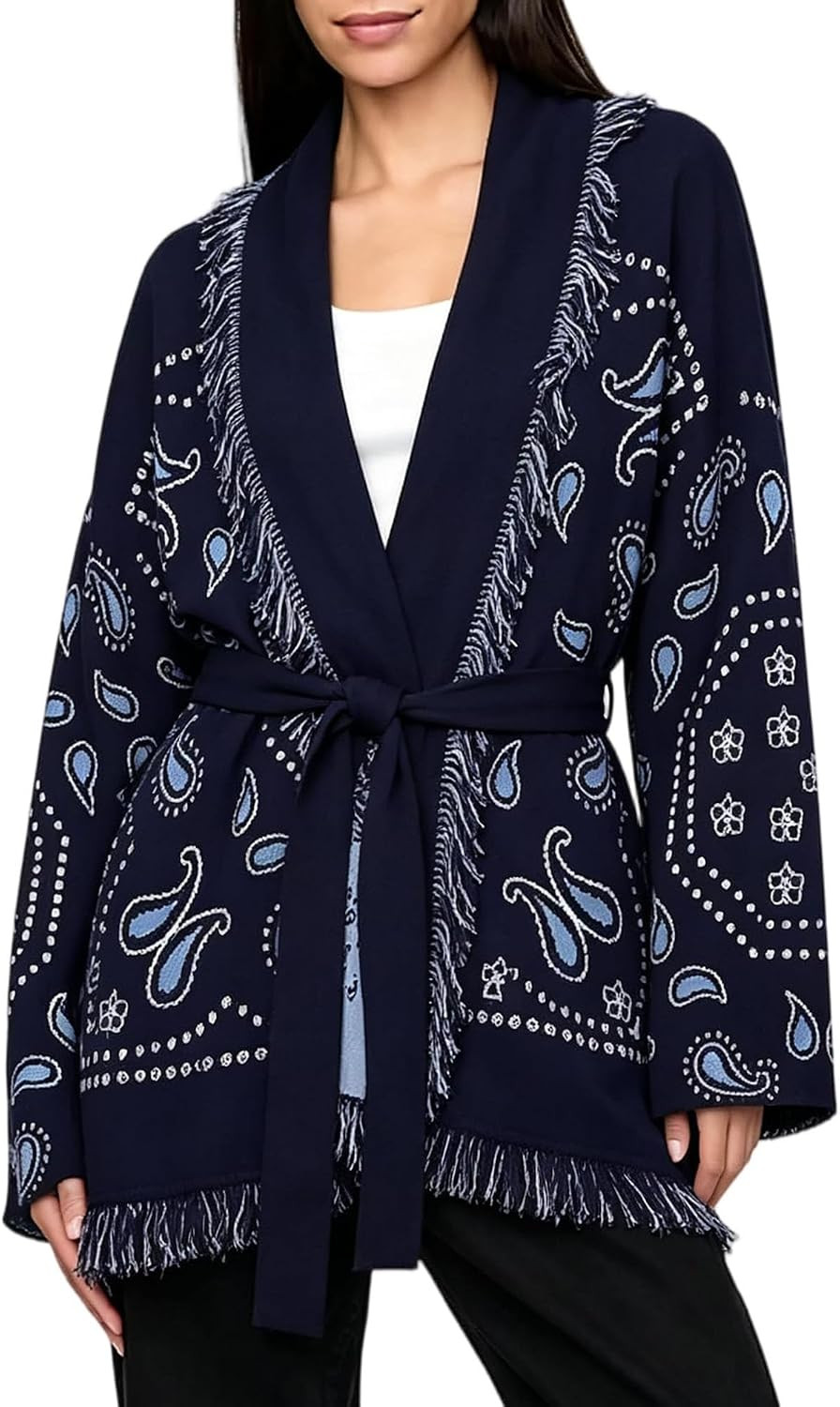 Womens Fringe Cardigan Shawl Collar Paisley Wrap Sweaters with Belt | Amazon (US)