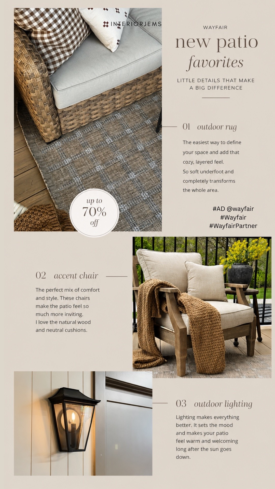 #AD Recently picked up a few new patio finds from Wayfair and I’m honestly obsessed 🤍 The layered outdoor rug, neutral accent chair, and updated lighting completely changed the feel of our patio and made everything feel so much warmer and more finished.

I always feel like it’s the little details that make outdoor spaces feel expensive without needing a full makeover. Wayfair’s Hot Summer Sale is such a good time to grab these kinds of pieces too with up to 70% off + fast & easy delivery on orders over $35.

@wayfair #Wayfair #WayfairPartner

#LTKHome