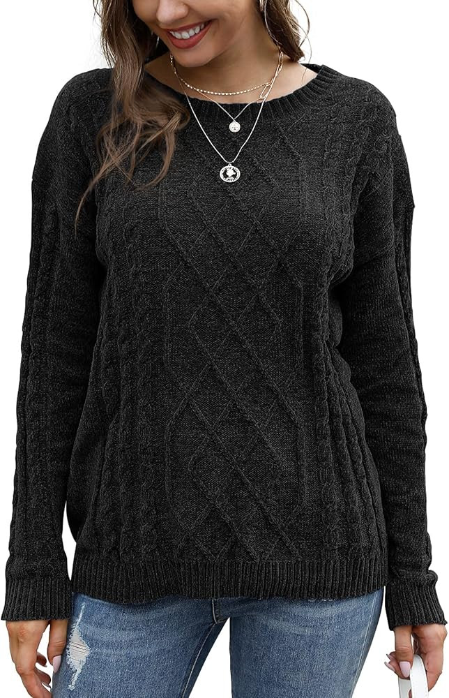 Feiersi Women's Pullover Sweater Casual Crewneck Long Sleeve Cable Knit Chunky Jumper Tops | Amazon (US)