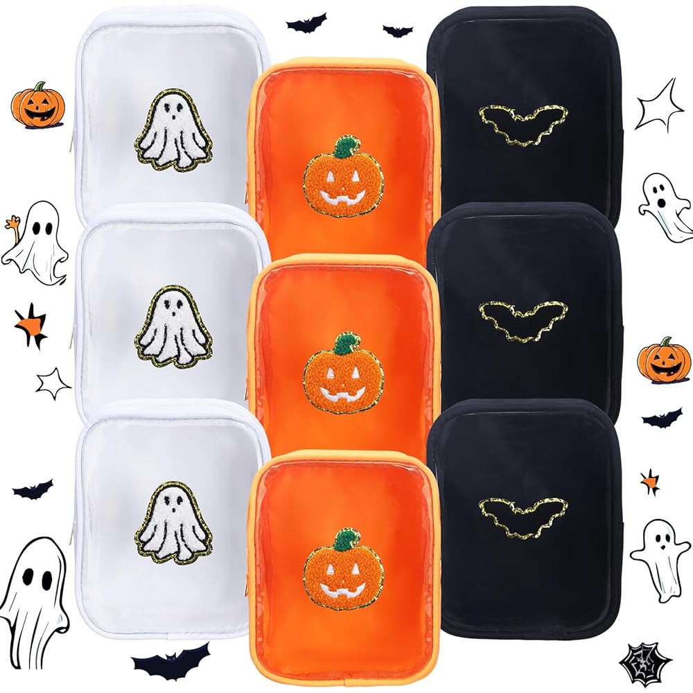 9 Pcs Halloween Pumpkin Ghost Bat Chenille Patches Cosmetic Bags with Zipper Funny Halloween Clea... | Amazon (US)