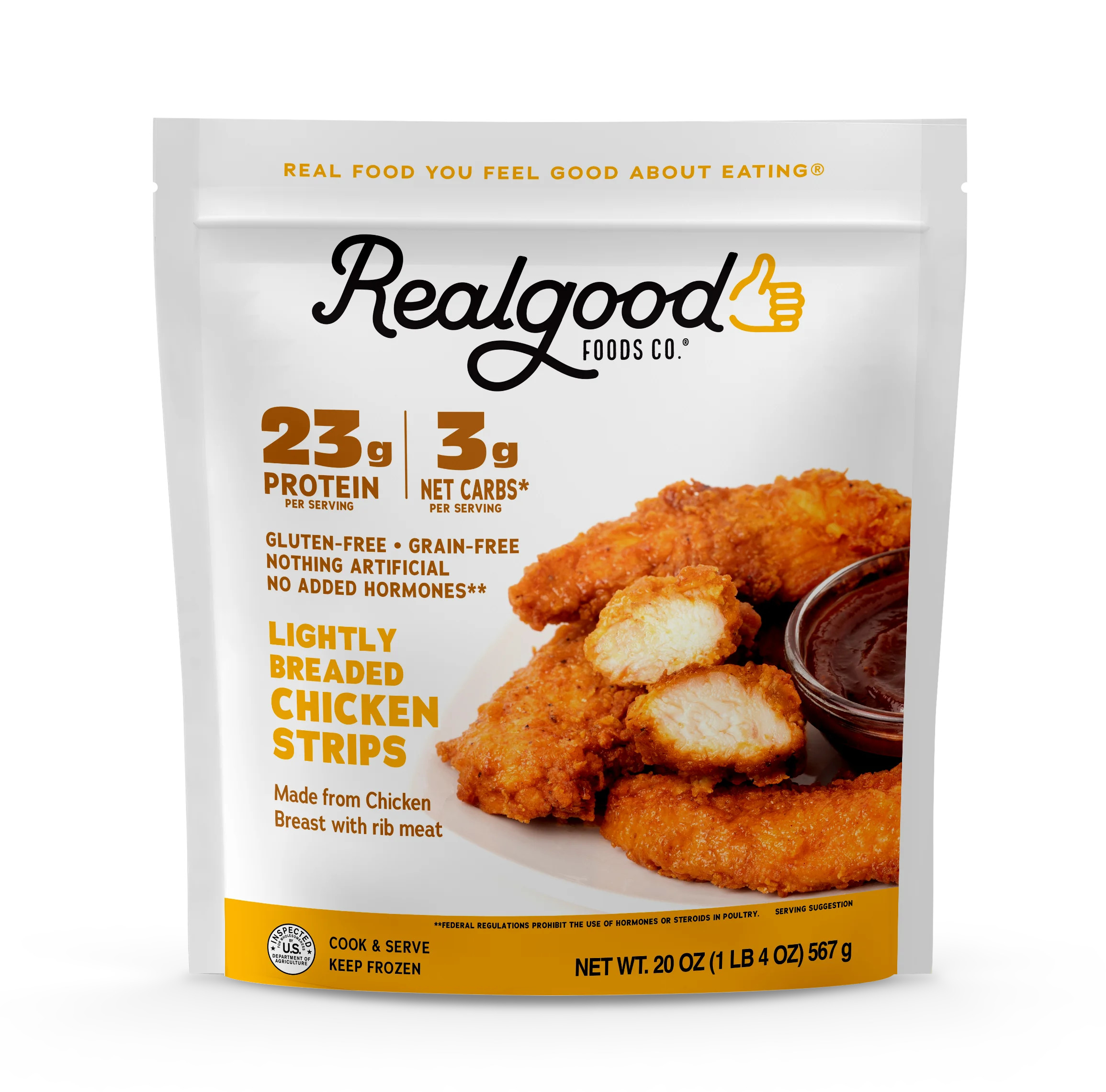 Realgood Foods Co. Lightly Breaded Chicken Breast Strips, Gluten-Free, 20 oz Regular Bag (Frozen) | Walmart (US)