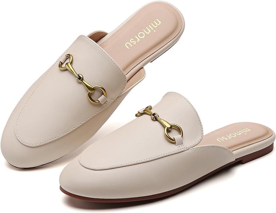 Buckle Mules for Women Round Toe Backless Flat Mules Slides Mules Shoes Ladies Slip-on Loafers | Amazon (US)