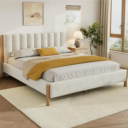 Christopher Knight Home Modern Boucle Queen Bed Frame, Vertical Stripe Headboard, Solid Wood, White | Walmart (US)