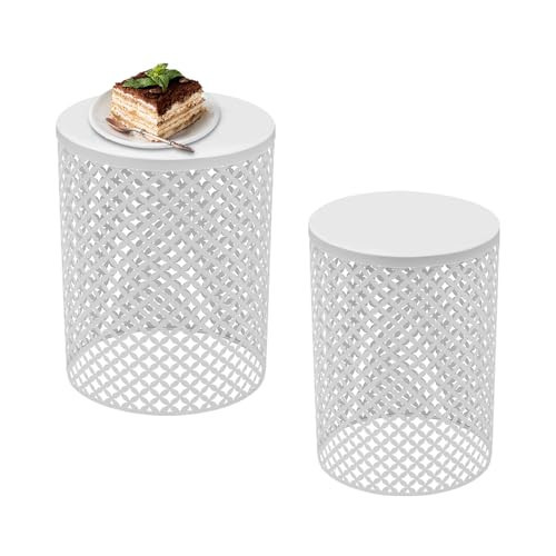 BENTFL Cylindrical Outdoor Side Tables Set of 2, Metal Frame Accent Table End Table, Vintage Side Tables for Patio Gardens Balconies Cafes Parks (2, White) | Amazon (US)