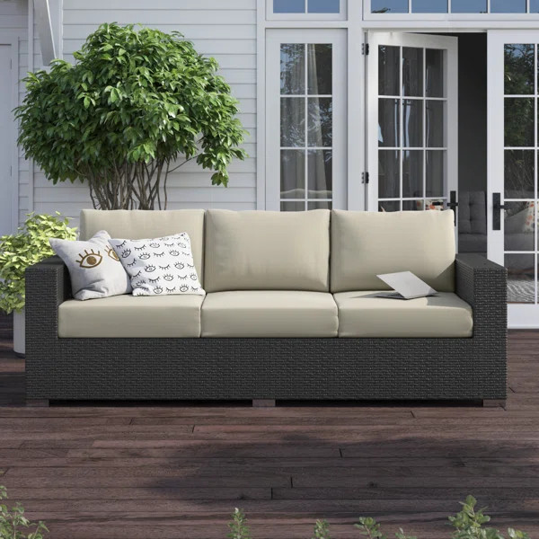 Sojourn 88'' Wicker Outdoor Patio Sofa with Sunbrella Cushions | Wayfair North America