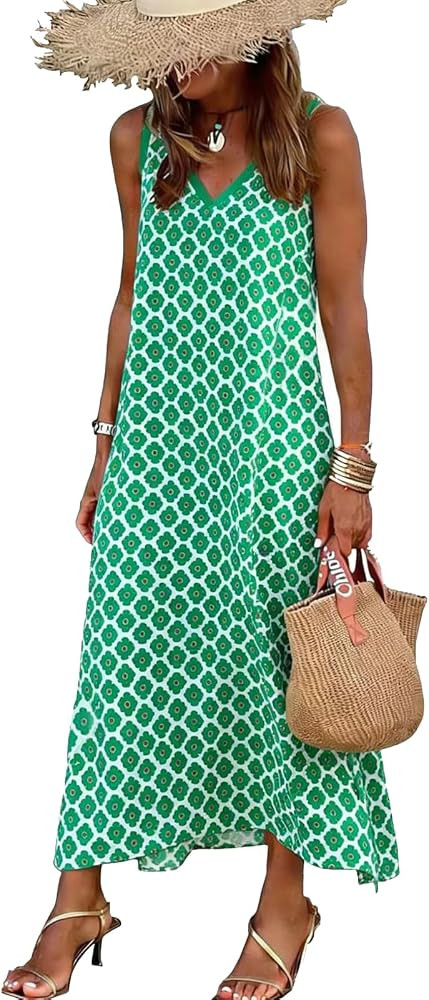 miduo Womens Casual Summer V Neck Sleeveless Floral Printed Beach Split Maxi Dress Sundress | Amazon (US)