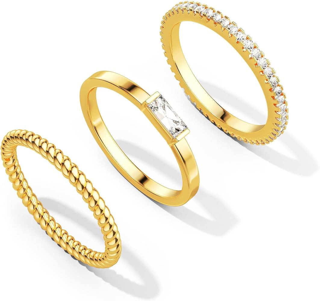 MBW 3Pcs Gold Rings for Women Trendy, 14k Gold Plated Stackable Rings Fake Diamond Band Thumb Rin... | Amazon (US)