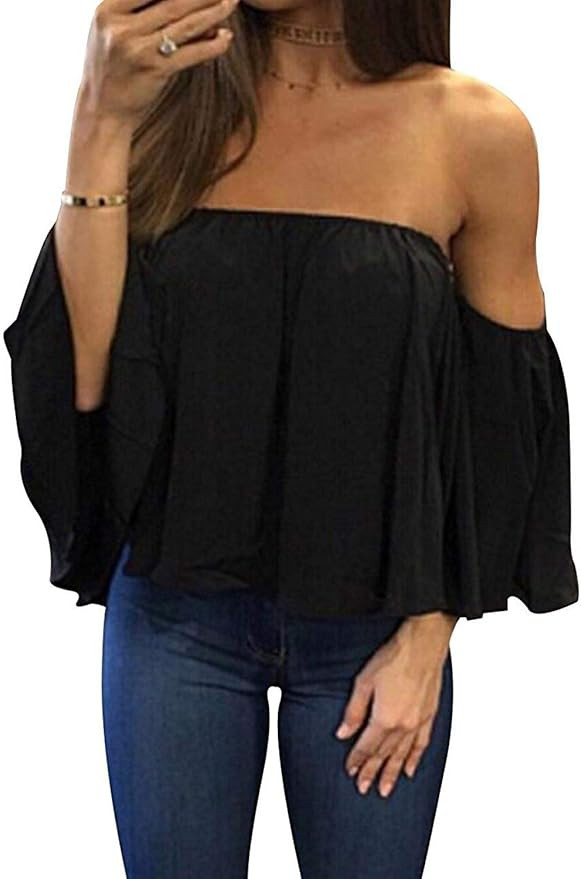 Bluetime Women Summer Off Shoulder Chiffon Blouse Ruffles Short Sleeves Tops Casual T Shirt | Amazon (US)