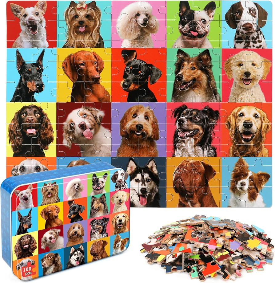 LELEMON Puzzles for Kids Ages 4-6,Dog Puzzle 100 Piece Puzzles for Kids Ages 4-8 in a Metal Box, ... | Amazon (US)