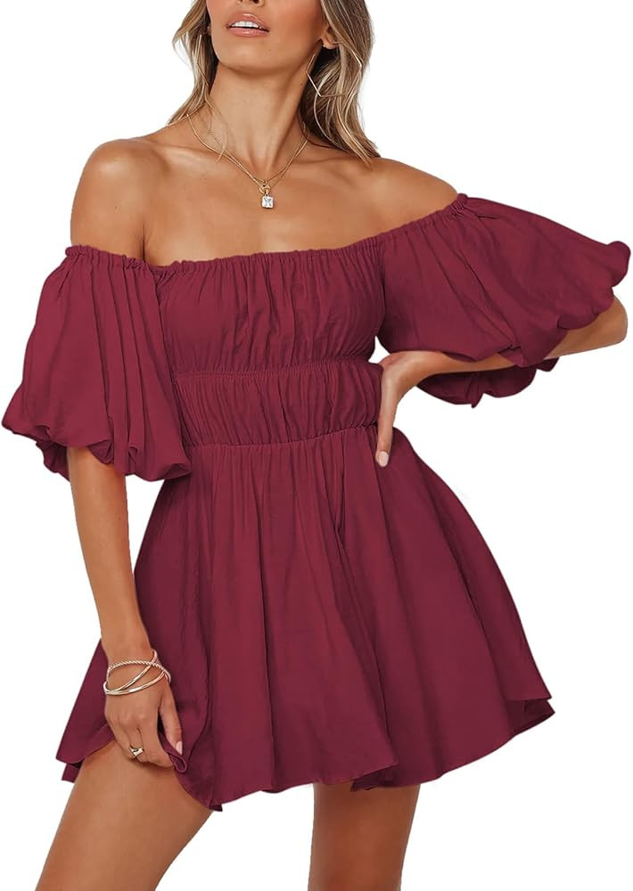 Dokotoo Womens Off The Shoulder Summer Dresses 2025 Short Lantern Sleeve Ruffle Elastic Waist A-L... | Amazon (US)