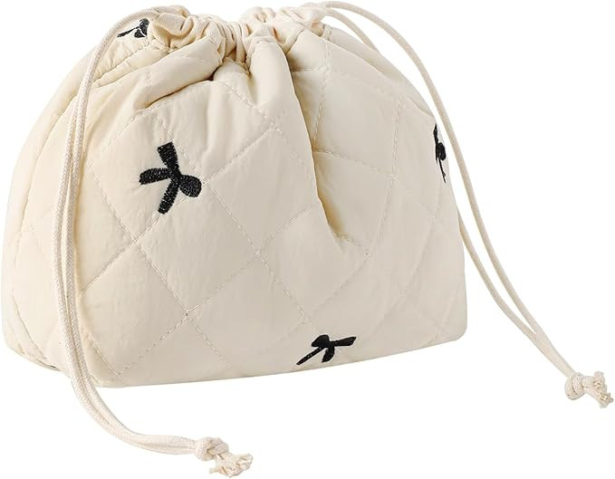 Cotton Quilted Drawstring Makeup Bag with Canvas Lining,Coquette Aesthetic Cute Travel Toiletry B... | Amazon (US)