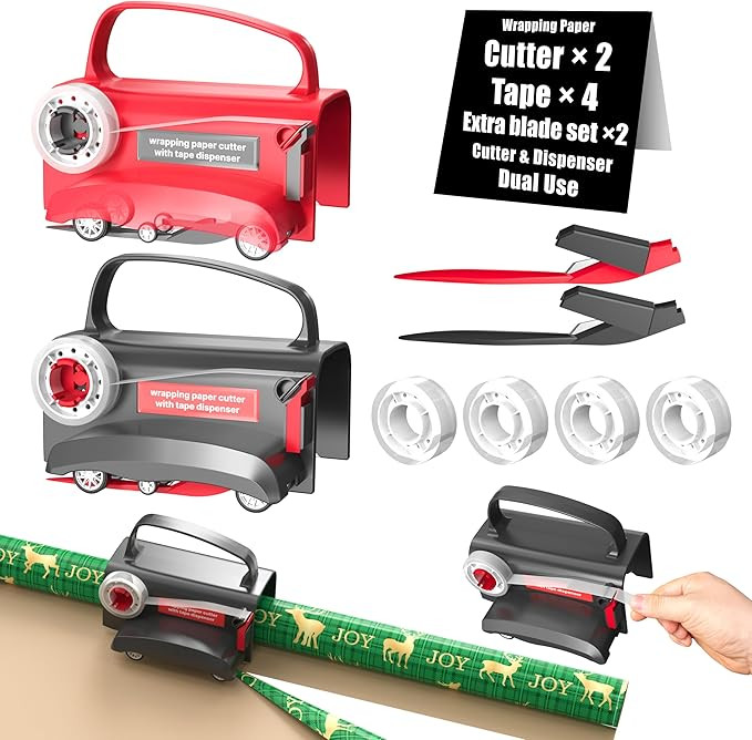 (2-Pack) Wheel Wrapping Paper Cutter & Tape Dispenser with 4 Tapes，2 Replace Blades Kit for Chr... | Amazon (US)