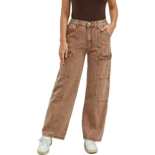 Womens High Waist Baggy Cargo Jeans Big Flap Pocket Relaxed Fit Straight Wide Leg Y2K Fashion Jeans Khaki | Amazon (US)