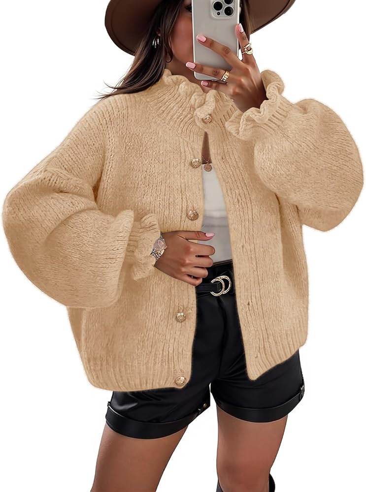 MEROKEETY Women's Ruffle Cardigan Sweaters 2025 Trendy Fashion Button Down Chunky Long Sleeve Cas... | Amazon (US)