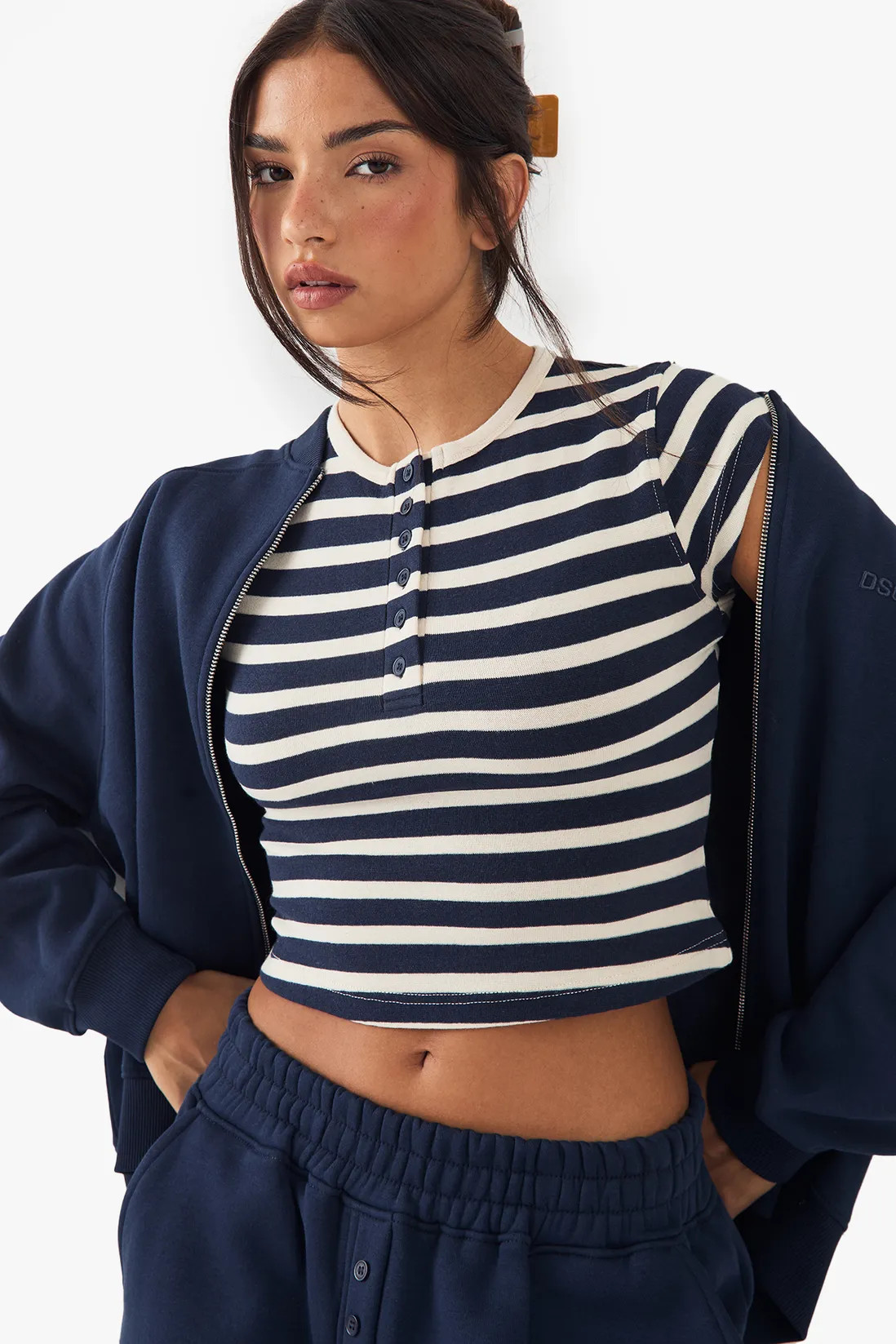 DSGN Studio Stripe Button Detail Short Sleeve Top | Boohoo.com (UK & IE)