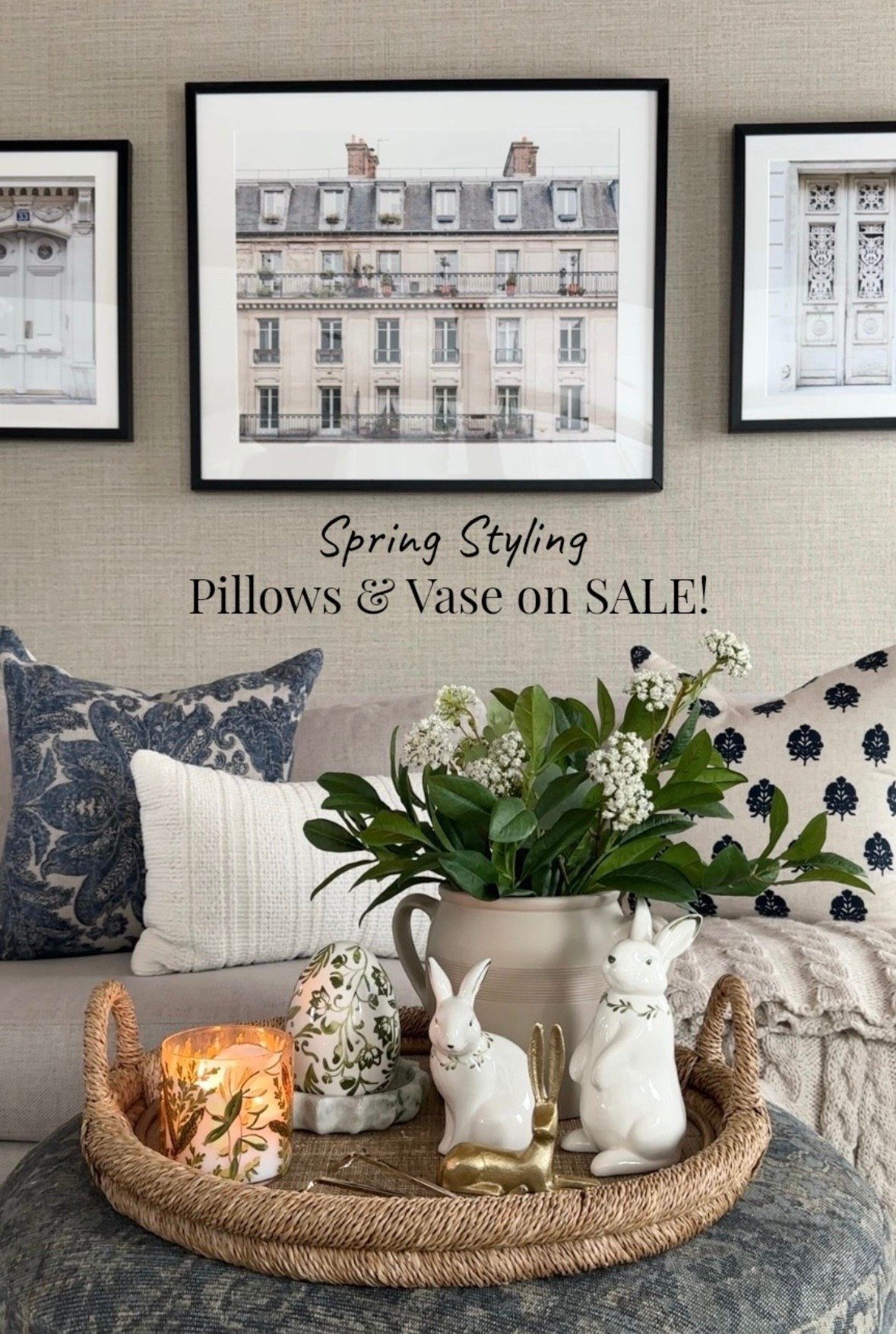 Spring, Easter styling with new bunnies from Target, throw pillows and vase on sale, throw blanket, greenery, florals, Parisian artwork. Pottery Barn, Serena & Lily, Minted. Free shipping. 

#LTKHome #LTKSaleAlert