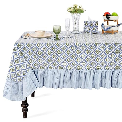 Ridhi Light Steel Blue Ruffle Hand Block Print Cotton Tablecloth 60x120 in | Amazon (US)