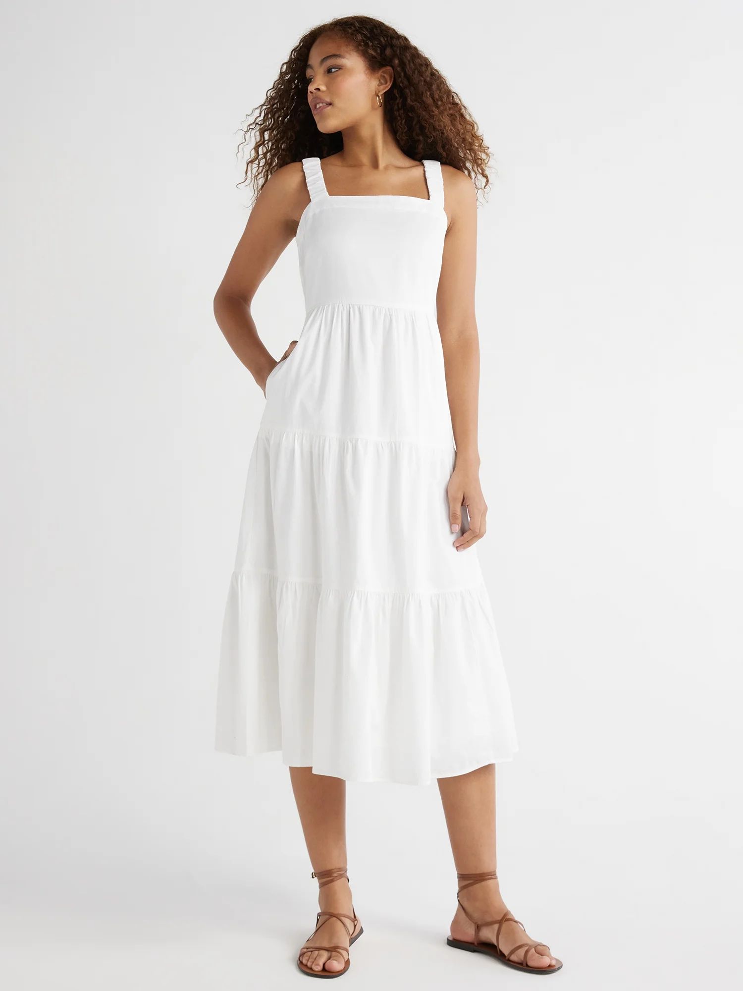 Free Assembly Women’s Cotton Tiered Midi Dress with Pockets, Sizes XS-XXL | Walmart (US)