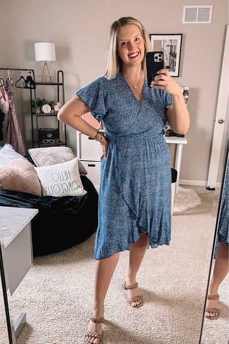 Blue wrap dress for wedding guest, wedding shower, bridal shower and other summer dress special occasions. Super comfortable, true wrap dress tie and thick enough to not be see through without being heavy! 💯

#LTKunder50 #LTKFind #LTKwedding