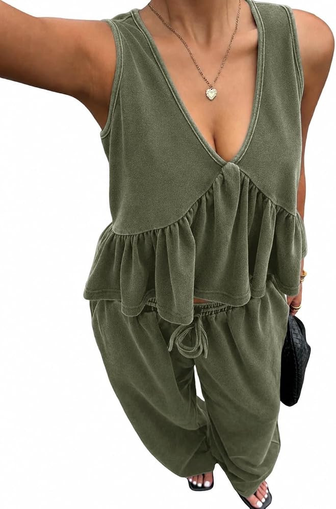 Women's 2 Piece Outfit Vintage V-Neck Camisole And Pants Set Summer Matching Loungewear | Amazon (US)