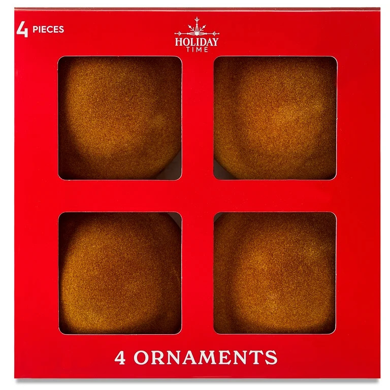 Brown Flocked Ball Christmas Ornaments, 4.5", 4 Count, by Holiday Time | Walmart (US)