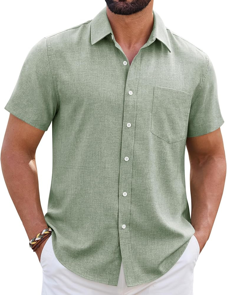 Mens Linen Shirt Short Sleeve Wrinkle Free Casual Untucked Button Down Shirts Beach Breathable To... | Amazon (US)