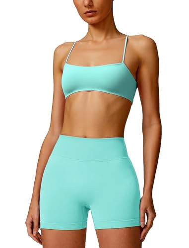 ABOCIW Womens Seamless Workout Sets Bandeau Strappy Sports Bra Butt Lifting High Waist Impact Shorts 2 Piece Gym Set Mint Green Small | Amazon (US)