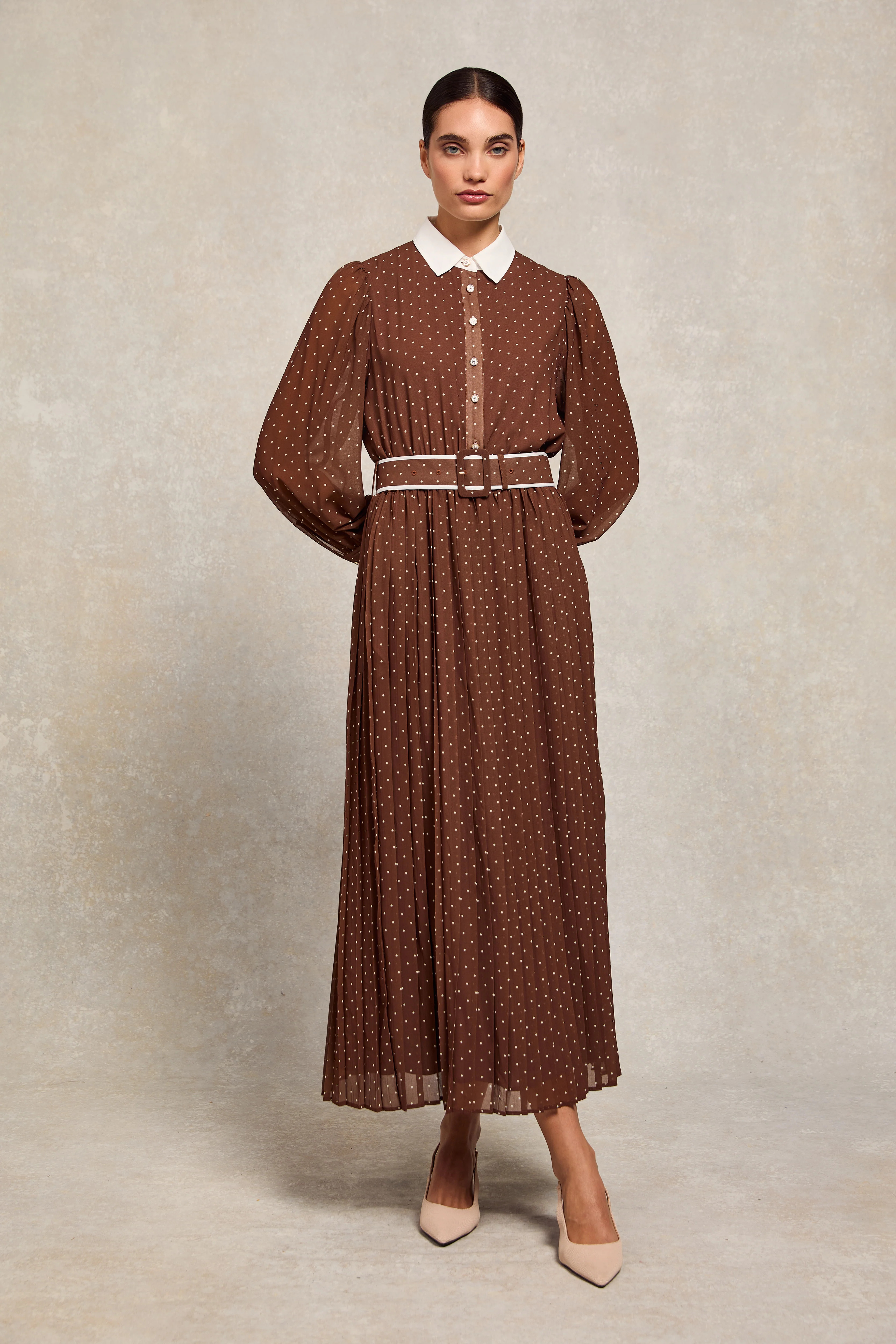 Annabel Pleated Maxi Dress (Chestnut Polka Dot) | Holland Cooper