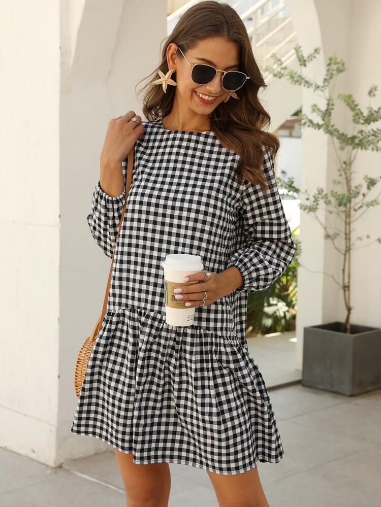 Ruffle Hem Keyhole Back Gingham Smock Dress | SHEIN