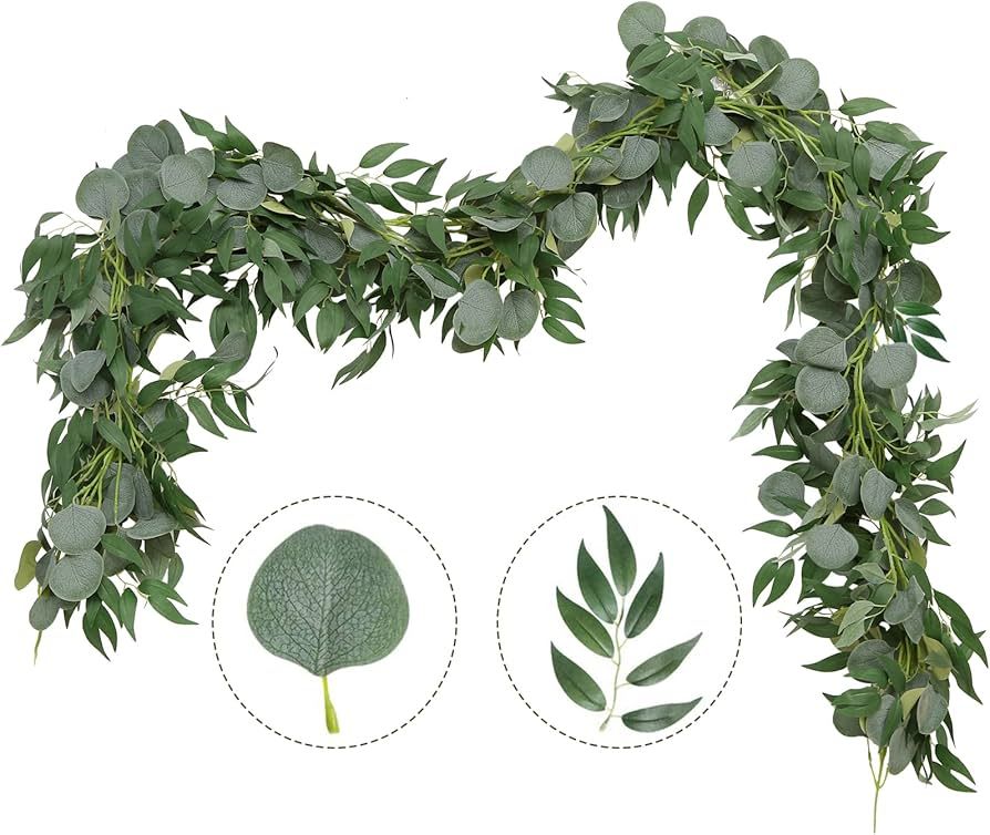 GREENTIME 2 Pack Greenery Garland 6.5 Feet Artificial Eucalyptus Garland with Willow Leaves for W... | Amazon (US)