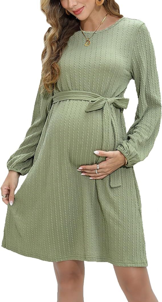 FUNJULY Women's Maternity Dress Rib Knit Lantern Long Sleeve Casual Pregnancy Dresses Crewneck Pr... | Amazon (US)