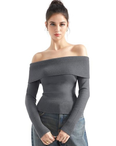 SUUKSESS Women Off Shoulder Sweater Long Sleeve Ribbed Knit Pullover Sweater Tops Going Out Fall Shirt (Mid Grey, S) | Amazon (US)