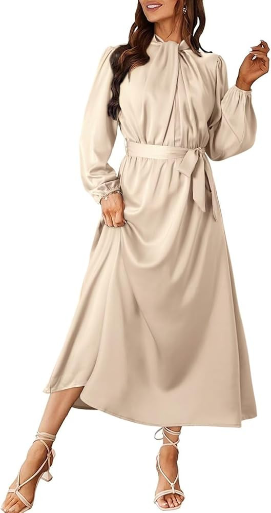 Dokotoo Women's Fall Satin Dress Elegant Long Sleeve Elastic High Waist Formal Wedding Cocktail P... | Amazon (US)