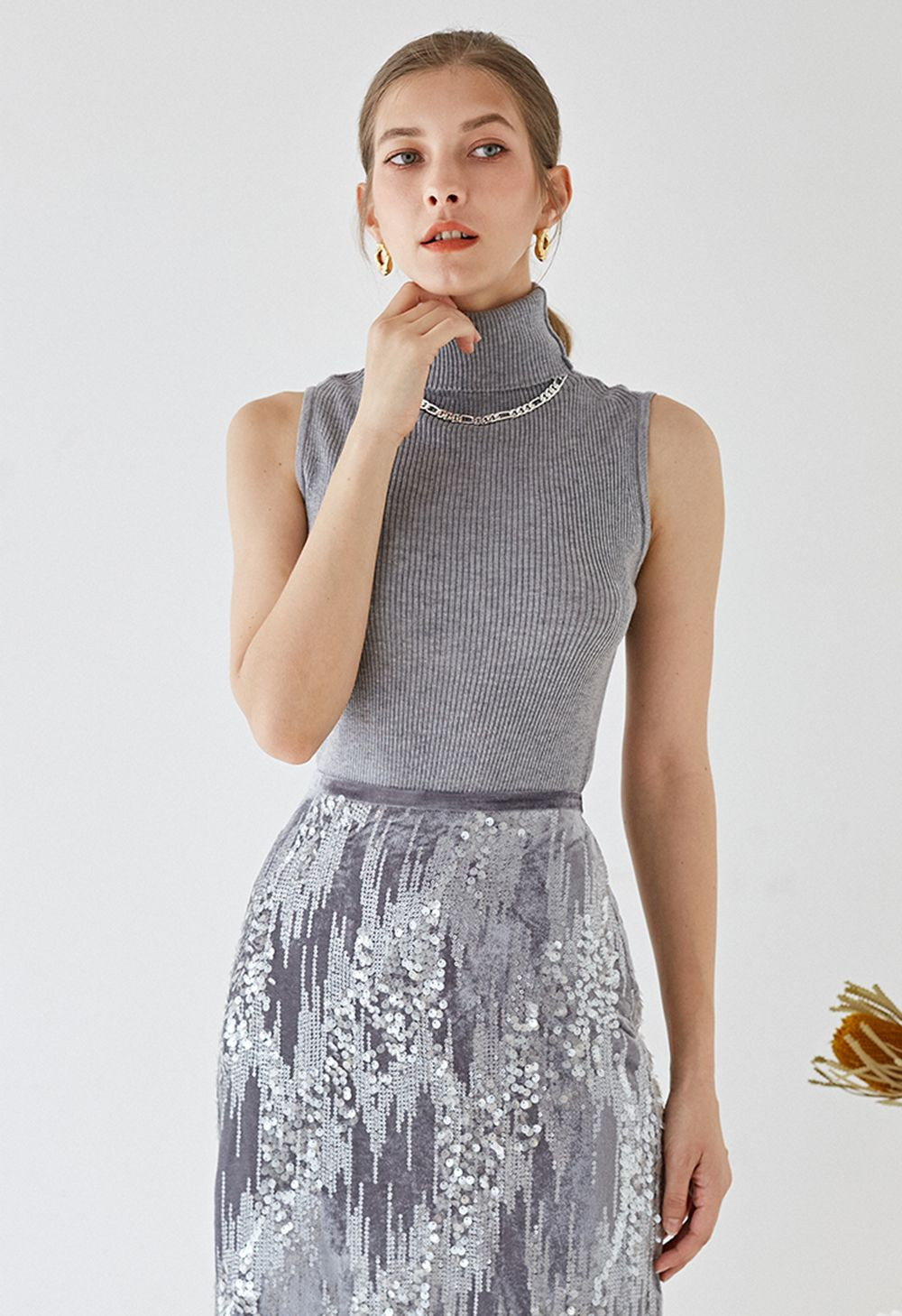 Turtleneck Soft Knit Sleeveless Top in Grey | Chicwish