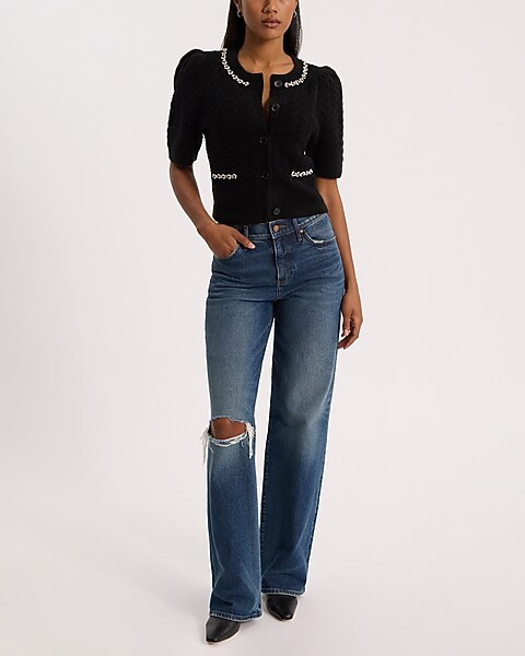 Embellished Cable Knit Short Sleeve Cardigan | Express