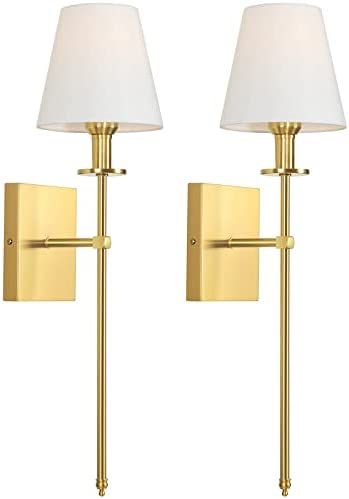 Set of 2 Gold Slim Wall Sconces with White Lampshade, Plug in or Hardwired Indoor Wall Light, Rus... | Amazon (US)