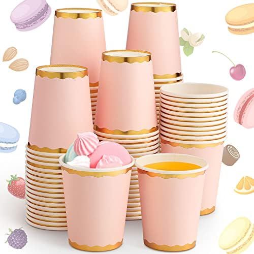 Pink Gold Paper Cups with Metallic Gold Border Disposable Paper Cups 9oz for Wedding,Party and Co... | Amazon (US)