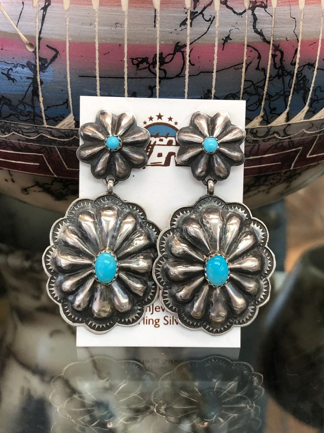 Sleeping Beauty Turquoise Sterling Silver Concho Dangle Post Earrings/ Navajo Handmade - Etsy | Etsy (US)