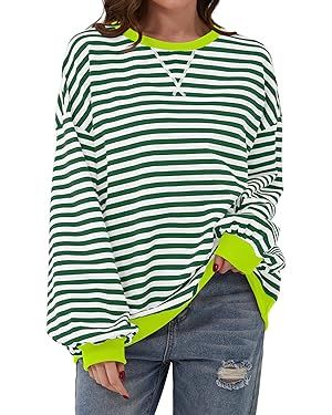 Women Striped Oversized Sweatshirt Color Block Crew Neck Long Sleeve Shirt Casual Pullover Top Fa... | Amazon (US)