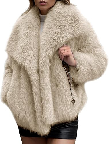 Arssm Women's Faux Fur Coat Fluffy Shaggy Jacket Long Sleeve Lapel Coats Winter Warm Outwear | Amazon (US)