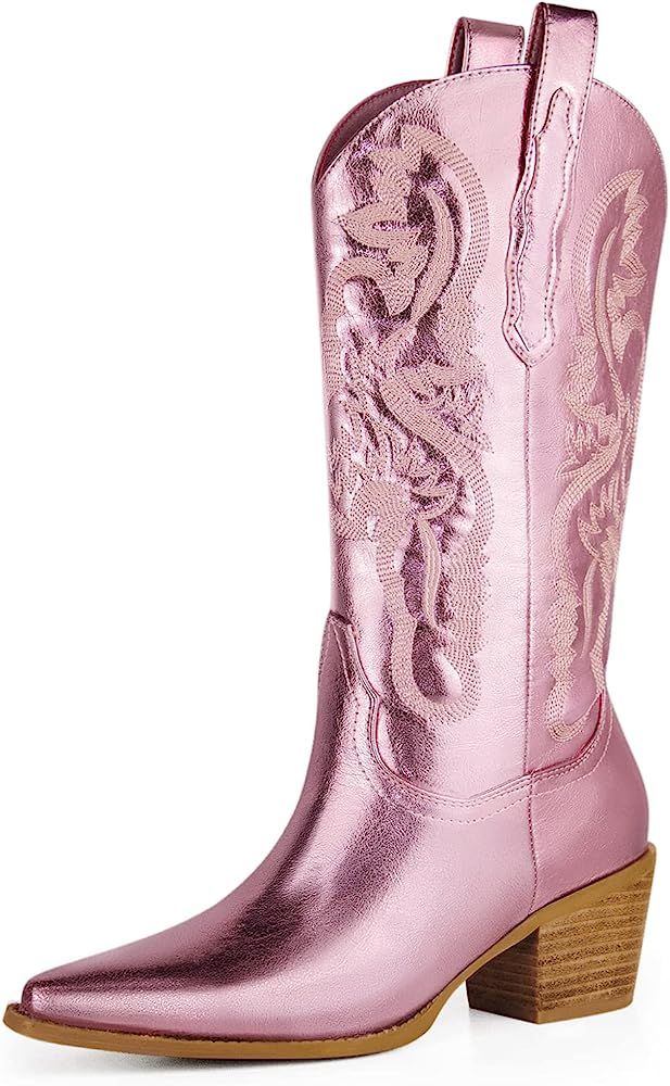 Women's Cowgirl Embroidered Mid-Calf Western Cowboy Boots, Pointed Toe Block Chunky Medium Heel 6... | Amazon (US)