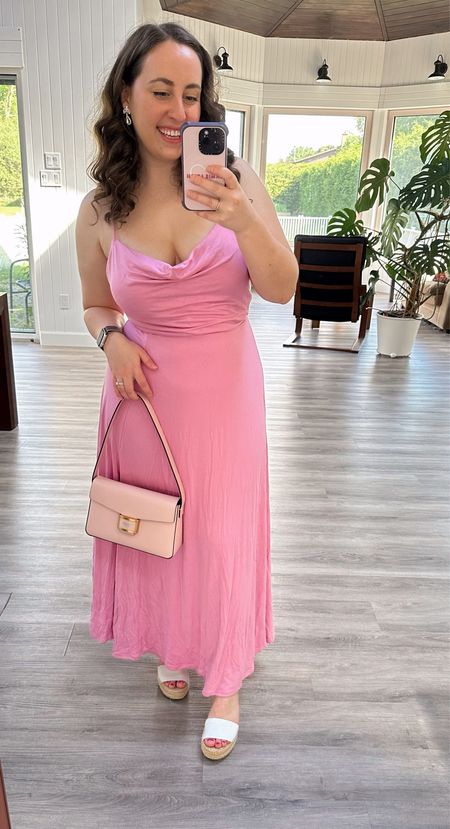 Wedding ready in this ultra affordable cowl neck dress with built in support! Available in a few other colours as well, this dress is ultra soft + comfortable. Perfect for any summer events! 

#LTKSeasonal #LTKParties #LTKWedding