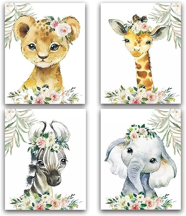 DXOAGXQ Animal Pictures Wall Art,Elephant Flower Woodland Crown Animals Adorable Art Print Set of... | Amazon (US)