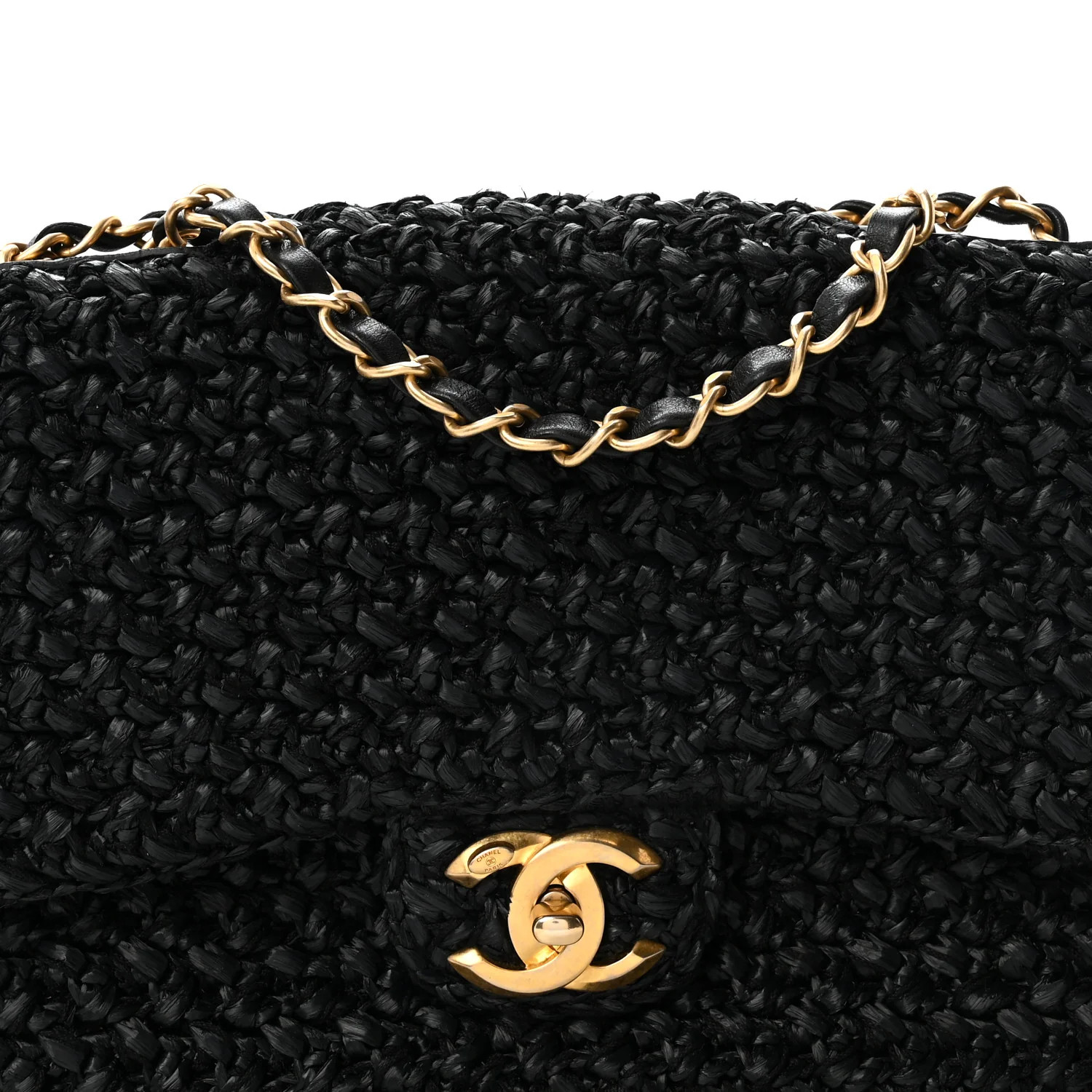 Chanel Raffia Crochet Paris Greece Medium Flap Bag Black 1894514 | FASHIONPHILE (US)