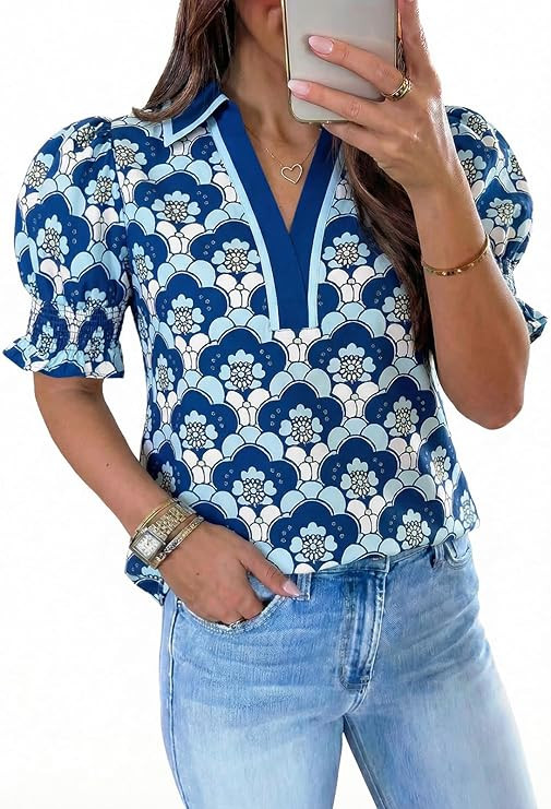 Tankaneo Womens Floral Puff Sleeve Blouses V Neck Collared Casual Tops | Amazon (US)