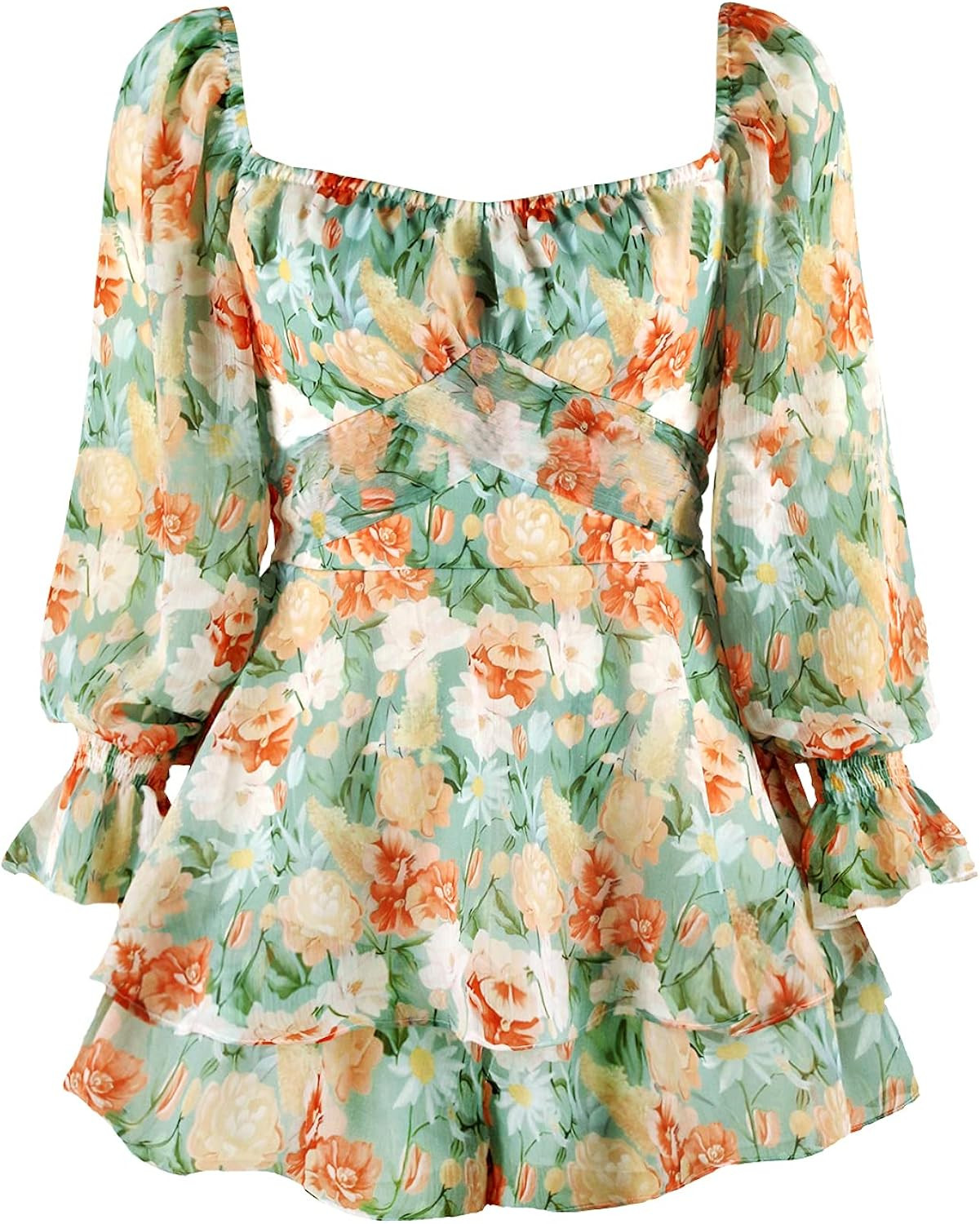 Women's Floral Print Square Neck Romper Baggy Sleeve Waist Tie Double Layer Ruffle Hem Short Mini Dr | Amazon (US)