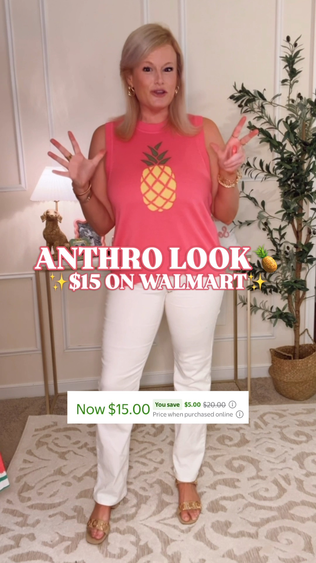 Anthropologie look for less | $15 Walmart top | Free Assembly sweater shell | pineapple sweater tank | teacher outfit

This Free Assembly pineapple sweater shell is now $15 on Walmart, and the sale price makes the Anthro inspired look even better.

The oversized pineapple graphic, saturated pink base, high crew neckline, sleeveless sweater silhouette and ribbed trim capture the playful icon knit energy Anthropologie does so well. The coral pink, sunny yellow and green color story also brings a splash of Lilly Pulitzer personality for way less.

I’m in a large. I sized up because I expected it to run small, and I’m glad I did. Size up if you want more room through the bust and body.

The fabric is 60% cotton and 40% modal, giving it an ultra soft, lightweight sweater feel that works during late summer and layers easily into early fall. It is machine washable and exclusive to Walmart.

Wear it with white jeans for a polished teacher outfit, trousers or linen pants for casual workwear, denim shorts for August weekends, or a skirt for brunch and church. It also works with straight leg denim, chino shorts, white sneakers, raffia sandals or flat sandals for vacation, school events, lake weekends and everyday preppy outfits.

At $15, it is an easy way to make white denim, work pants and summer basics feel styled while carrying the bright color story into back to school season.

Anthro look, Anthropologie look for less, Anthropologie inspired top, Walmart sweater shell, Walmart sweater tank, Free Assembly top, pineapple sweater, pineapple sweater tank, pink pineapple top, graphic sweater shell, sleeveless sweater top, cotton modal top, Walmart fashion finds, Walmart finds under $20, late summer outfit, teacher outfits women, back to school teacher outfit, casual work outfit, business casual outfit, white jeans outfit, preppy summer outfit, Lilly Pulitzer inspired top, designer look for less

#LTKFindsUnder50 #Anthropologie #AnthroStyle #LillyPulitzer #WalmartFinds #WalmartStyle #PreppyStyle #LookForLess

#LTKSeasonal #LTKSaleAlert #LTKWorkwear