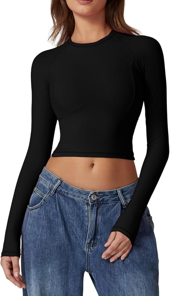 QINSEN Women's Crewneck Long Sleeve Shirts Double Lined Fitted Crop Top Seam Cup Going Out Tops | Amazon (US)