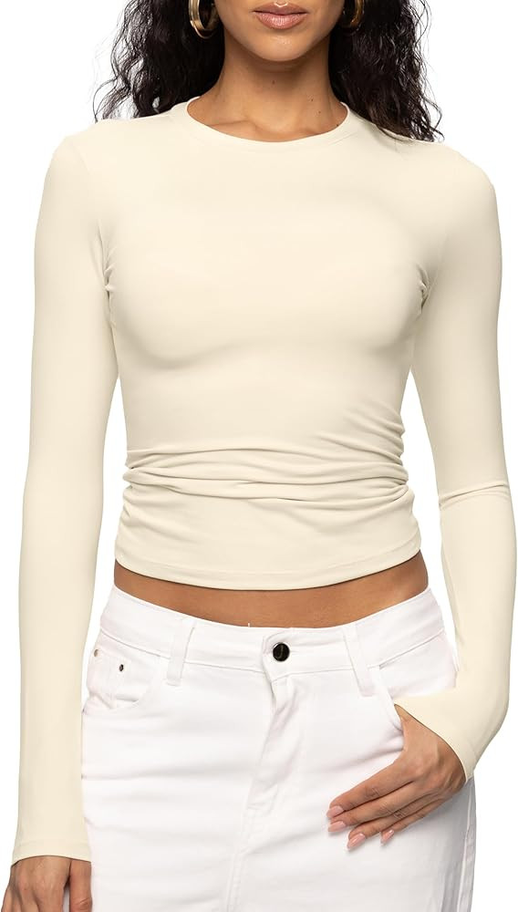 ENERFUL Women's Long Sleeve Shirts Crew Neck Slim Fitted Going Out Crop Casual Tops Basic Tees | Amazon (US)